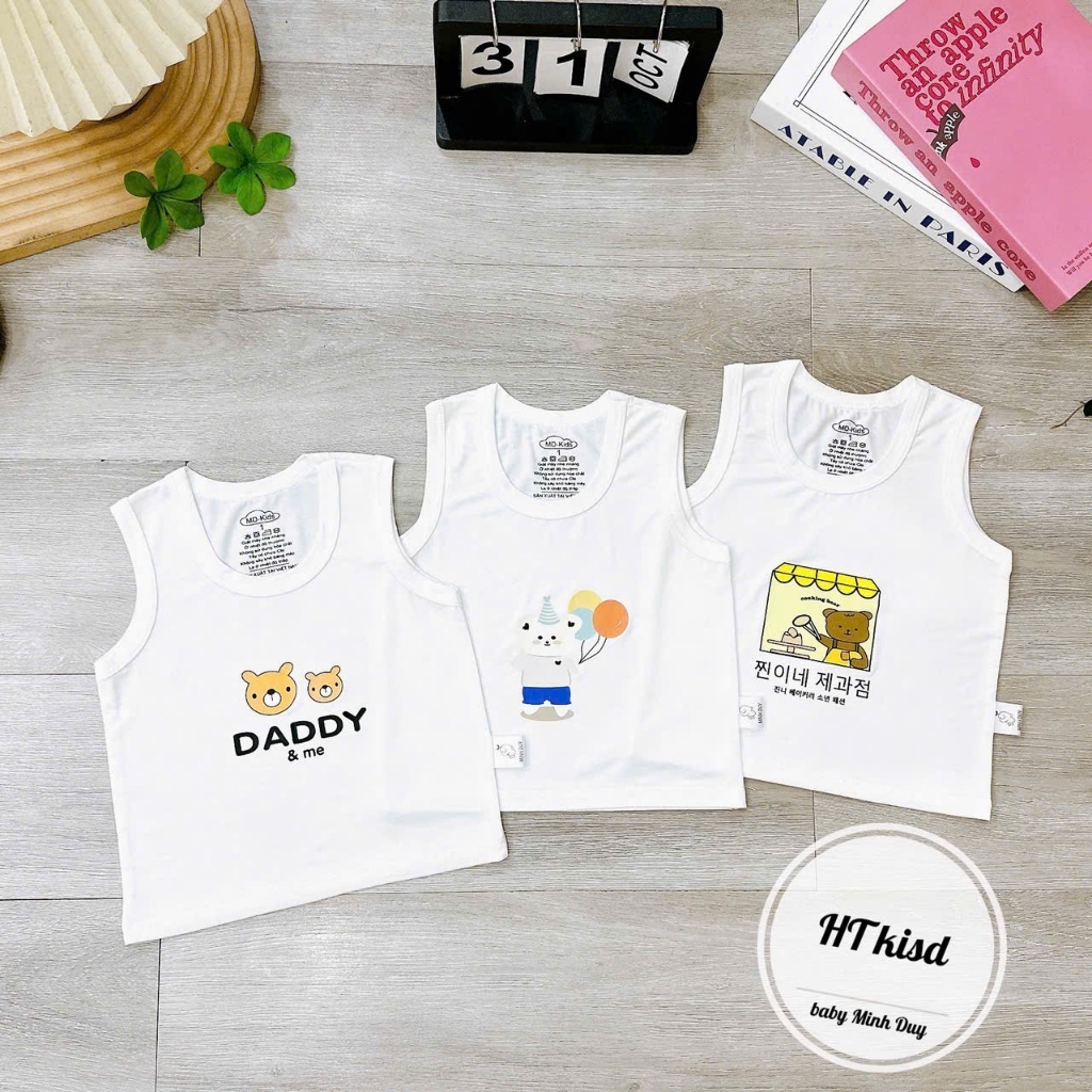 Áo BA LỖ sát nách NỀN TRẮNG KEM họa tiết đáng yêu cho bé 4-14kg