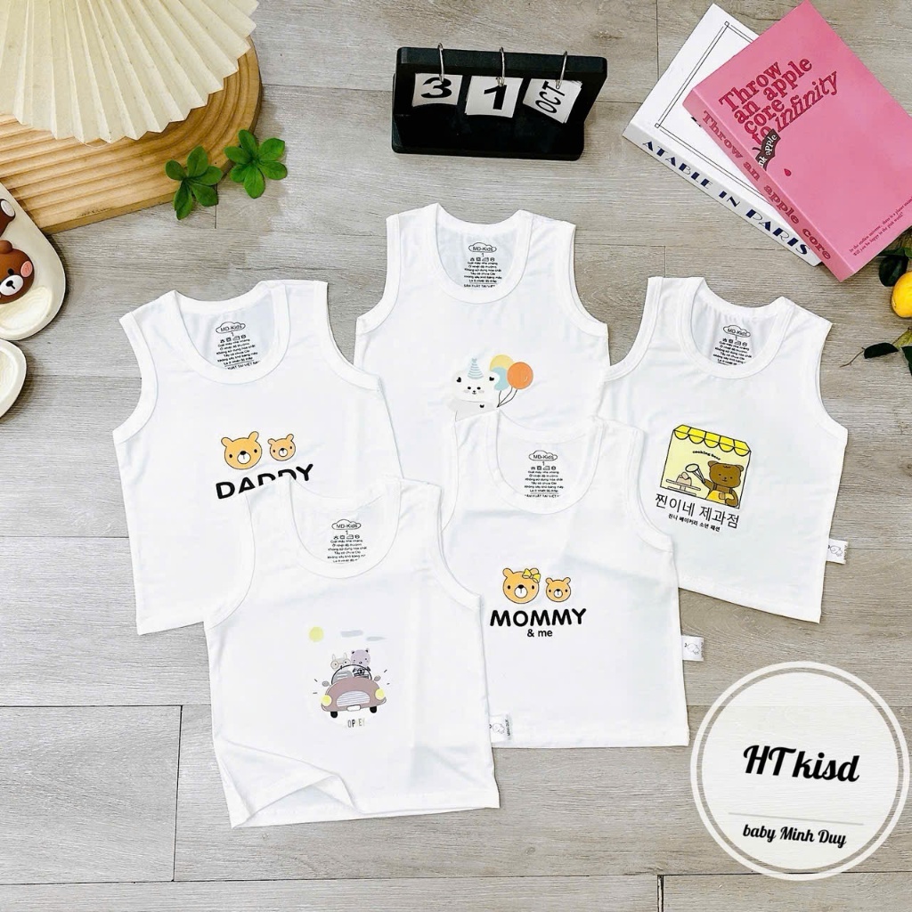 Áo BA LỖ sát nách NỀN TRẮNG KEM họa tiết đáng yêu cho bé 4-14kg