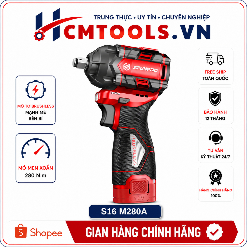 Máy Bắn Bu Lông Sfunpro S16 M280A Lực Siết 280Nm  TẶNG đầu khẩu chuyển vít máy mở bulong xe máy, oto