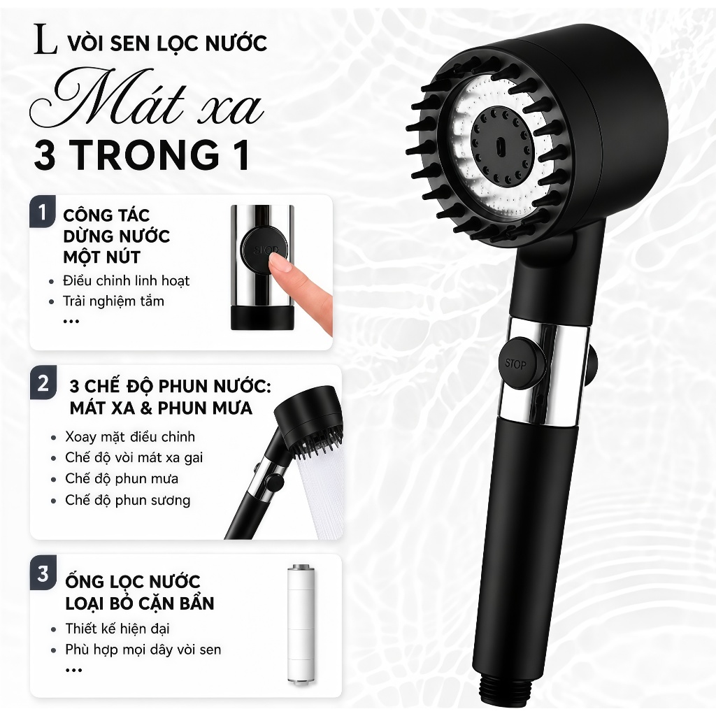 Vòi sen tăng áp LUX lọc nước 3 chế độ massage, đầu chải silicone, lõi lọc, nút ngắt nước