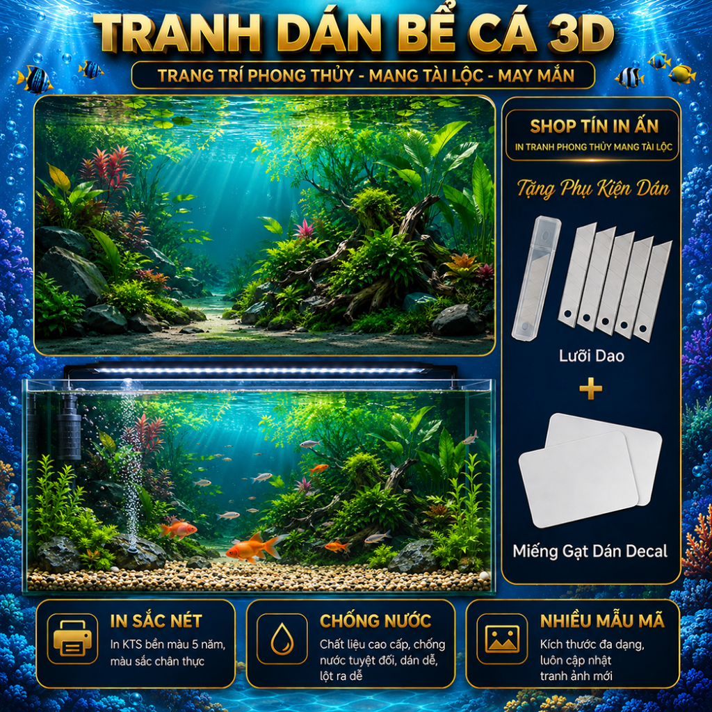 Decal tranh dán hồ cá 3D Kho In Ấn HC69 chống nước, In KTS dán dễ, gỡ dễ, có keo sẵn, nhiều kích cỡ