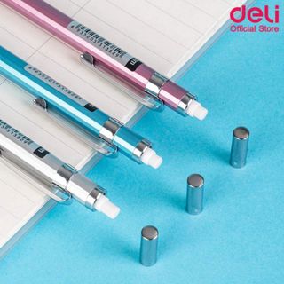 LEAFBOOK Bút chì kim bấm DELI U998 / U999 Ngòi 0.5mm, 0.7mm Vỏ Kim Loại Có Kèm Tẩy
