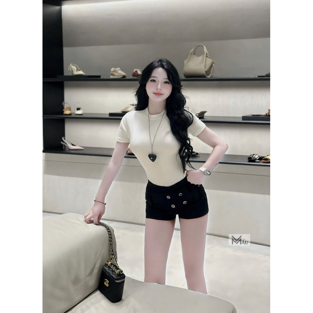 Áo body suits cổ tròn cộc tay mix đồ siu hách dáng