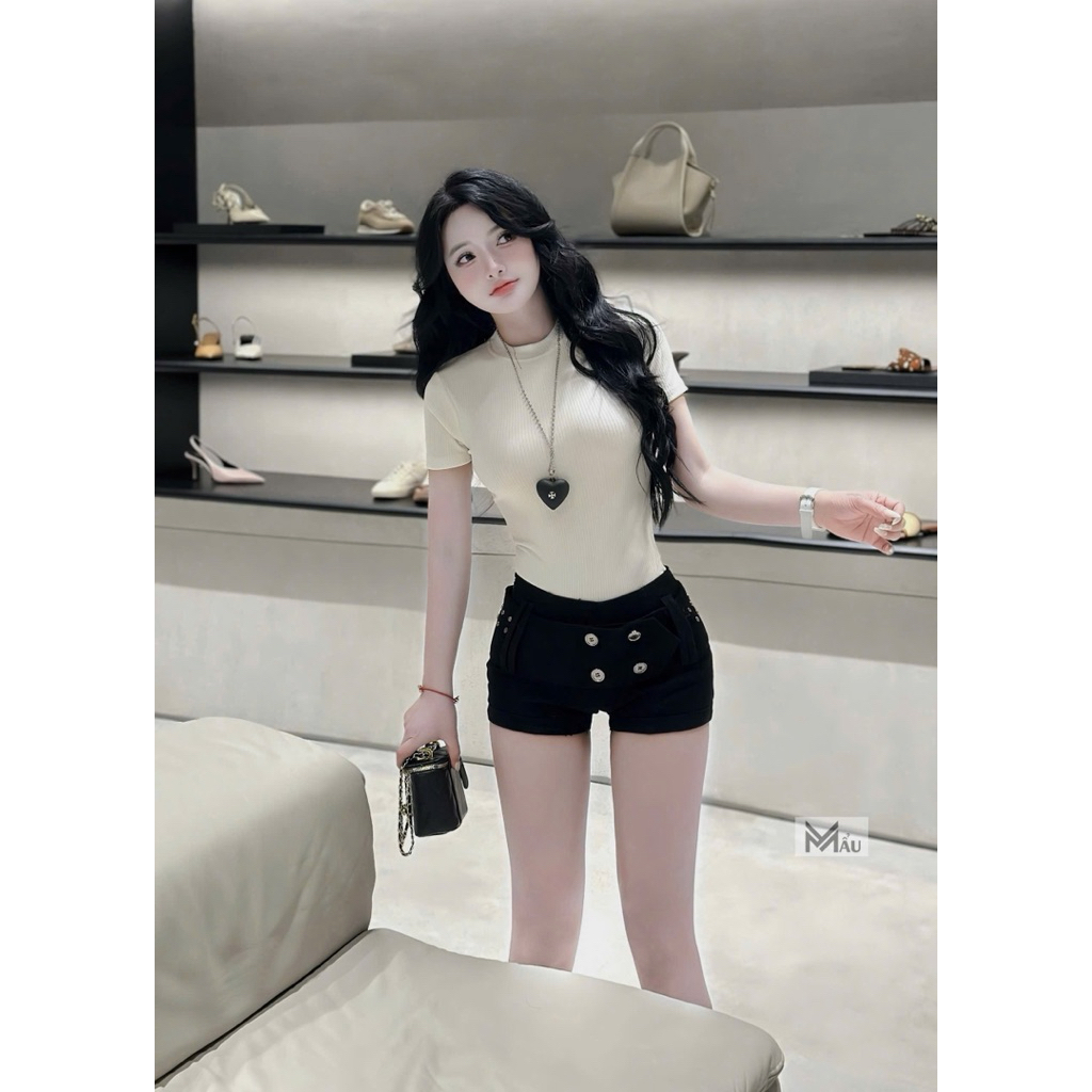 Áo bodysuit cộc tay cổ cao ôm body
