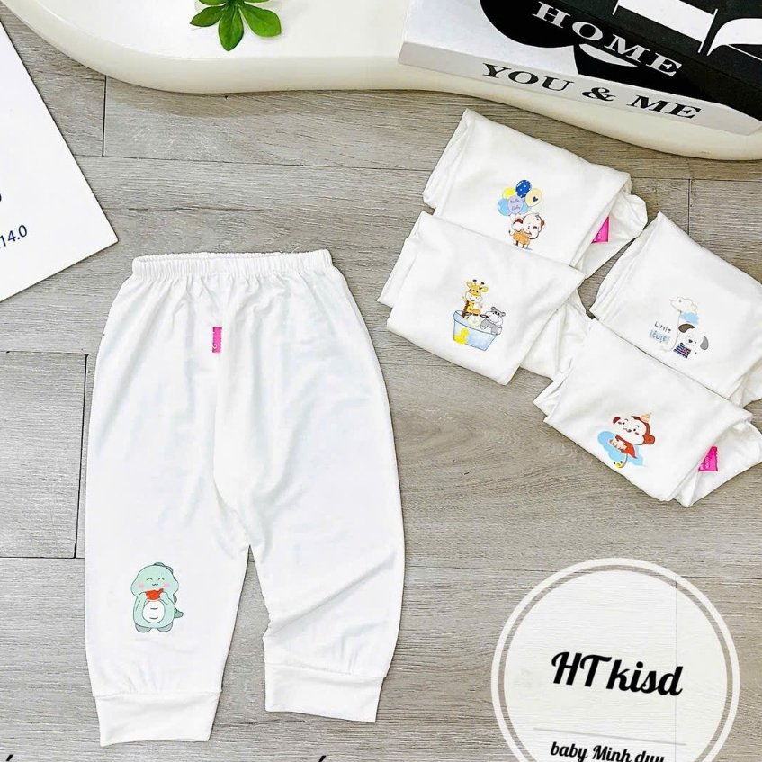 Quần dài chục ĐÁP ĐŨNG NỀN TRẮNG KEM chất thun lạnh họa tiết thú đáng yêu 4-14kg