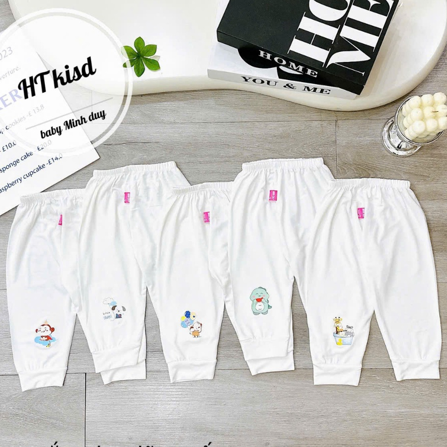 Quần dài chục ĐÁP ĐŨNG NỀN TRẮNG KEM chất thun lạnh họa tiết thú đáng yêu 4-14kg