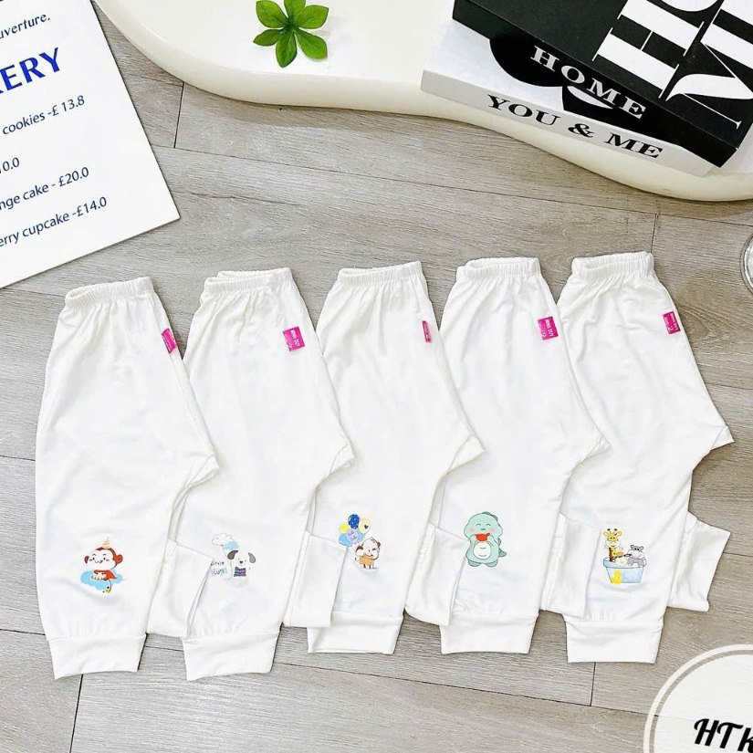 Quần dài chục ĐÁP ĐŨNG NỀN TRẮNG KEM chất thun lạnh họa tiết thú đáng yêu 4-14kg