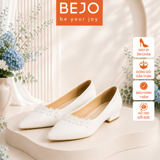Giày Cao Gót Nữ Cao Cấp BEJO H98.05 Đính Hoa Mai Lụa Đế Vuông Êm Chân - Giày Cưới Cô Dâu Sang Trọng