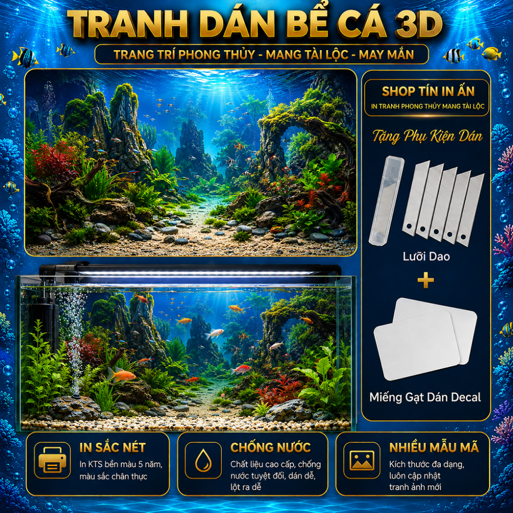 Decal tranh dán hồ cá 3D Kho In Ấn HC71 chống nước, In KTS dán dễ, gỡ dễ, có keo sẵn, nhiều kích cỡ