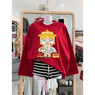 Set bộ áo thun dài tay in cô gái mít ướt mix quần đùi kẻ sọc ( quần kẻ đen )