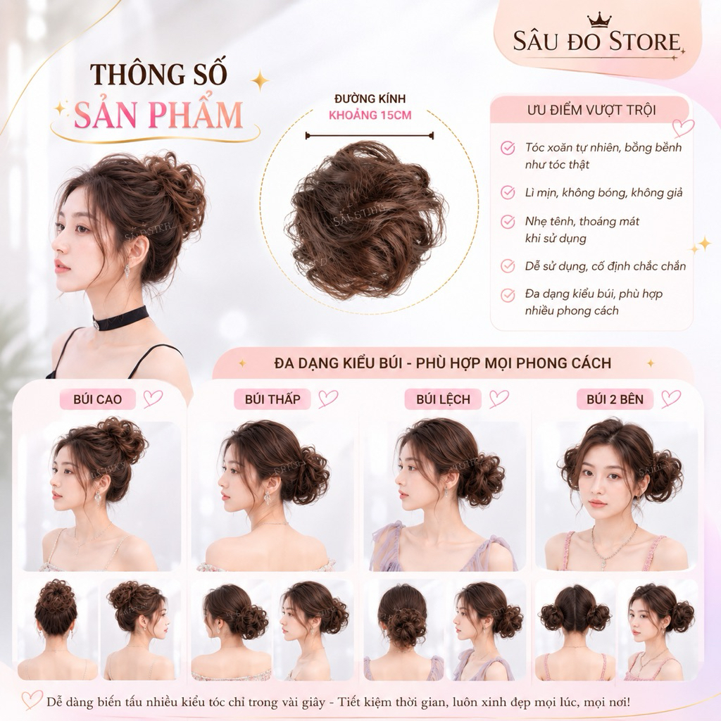 [Hàng Siêu Cấp] Búi Tóc Giả Cột Xoăn Tự Nhiên – Búi Tóc Giả Dày Dặn, Cột Nhanh, Nhiều Màu Sang Trọng