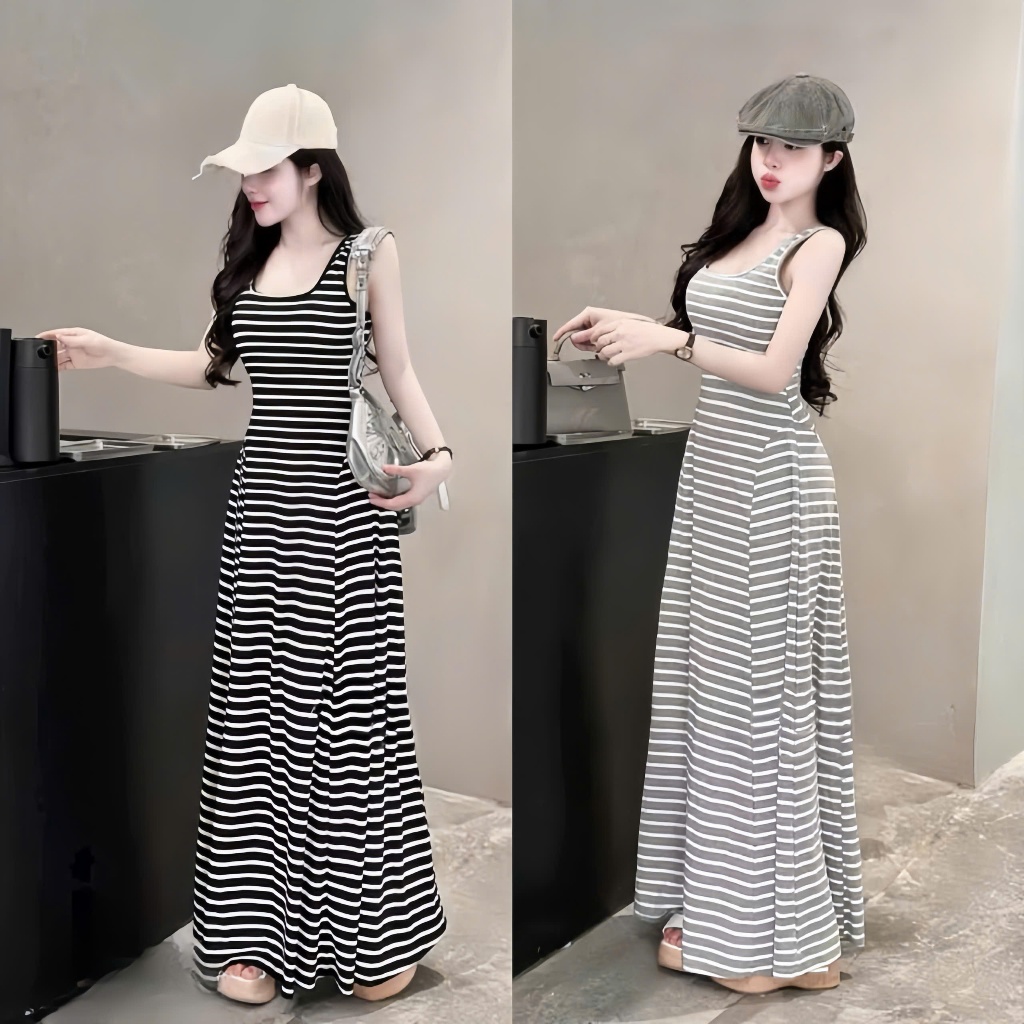 Đầm sọc maxi 2 dây bản to xòe ,chất thun gân thời trang