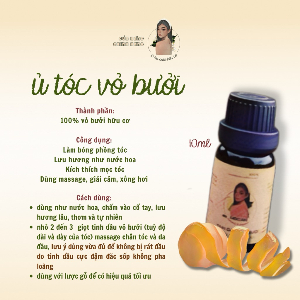 [𝟭𝟬𝗵𝗮buoihuuco] 10 ml Ủ TÓC VỎ BƯỞI - 100% tinh dầu vỏ bưởi hữu cơ siêu đậm đặc giúp Mọc Tóc Nhanh