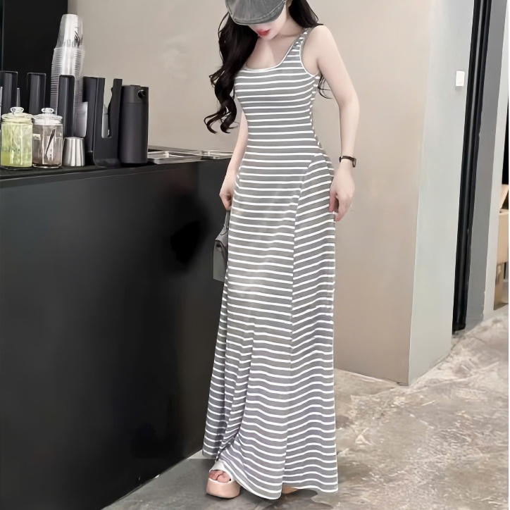 Đầm sọc maxi 2 dây bản to xòe ,chất thun gân thời trang