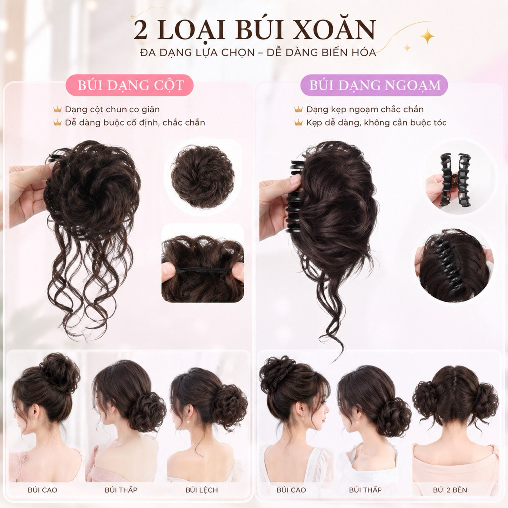 [Hàng Siêu Cấp] Búi Tóc Giả Cột Xoăn Tự Nhiên – Búi Tóc Giả Dày Dặn, Cột Nhanh, Nhiều Màu Sang Trọng