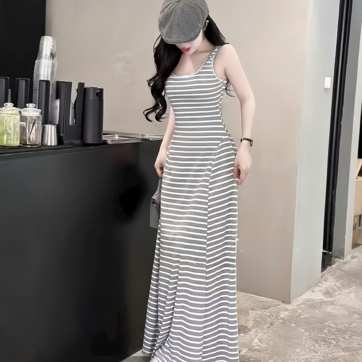 Đầm sọc maxi 2 dây bản to xòe ,chất thun gân thời trang