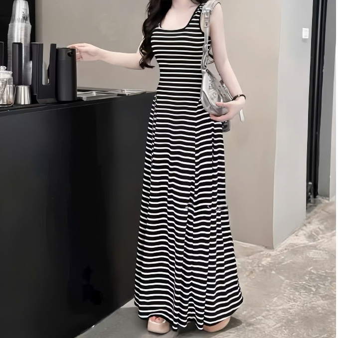 Đầm sọc maxi 2 dây bản to xòe ,chất thun gân thời trang