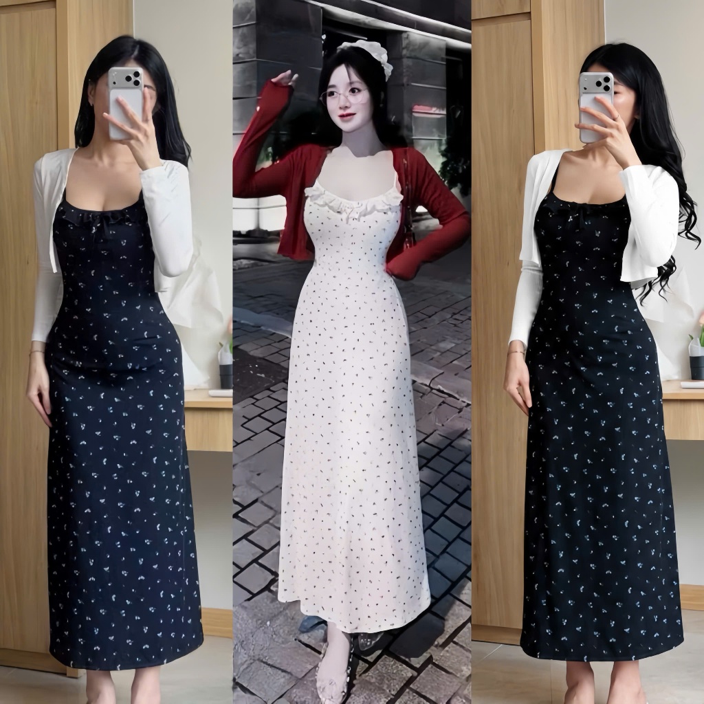 Đầm 2 dây in hoa dáng dài ,cổ viền bèo đính nơ có mút chất thun gân phối khoác thun Ladong