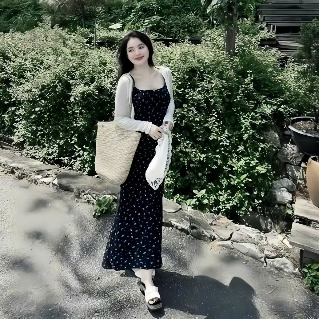 Đầm 2 dây in hoa dáng dài ,cổ viền bèo đính nơ có mút chất thun gân phối khoác thun Ladong