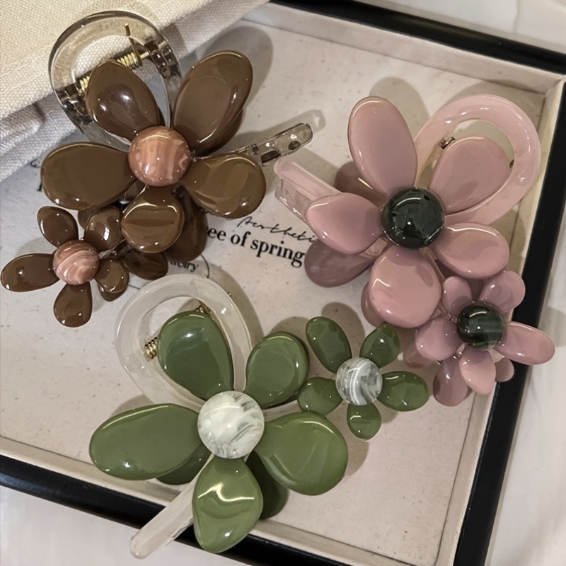 Kẹp Tóc Nữ Càng Cua Hoa Đôi Vintage – Kẹp Tóc Nữ Nhựa Acrylic Phối Màu Pastel Thanh Lịch