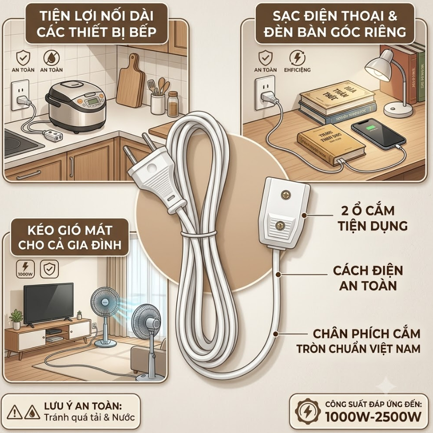 Phích nối liền dây, ổ cắm điện nối dài 3m 5m 1200W chịu tải cao an toàn gia dụng
