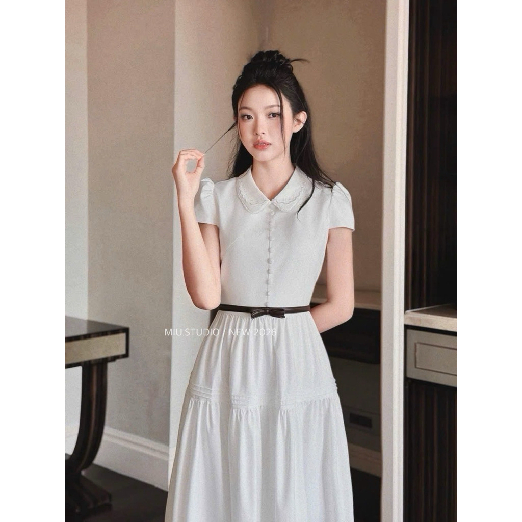 Váy TK dáng dài cổ sen phối viền ren đính cúc bọc sang chảnh,Đầm maxi trắng tay ngắn bo eo kèm đai nơ thanh lịch công sở