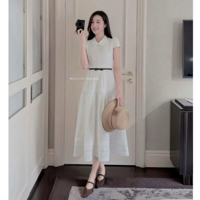 Váy TK dáng dài cổ sen phối viền ren đính cúc bọc sang chảnh,Đầm maxi trắng tay ngắn bo eo kèm đai nơ thanh lịch công sở