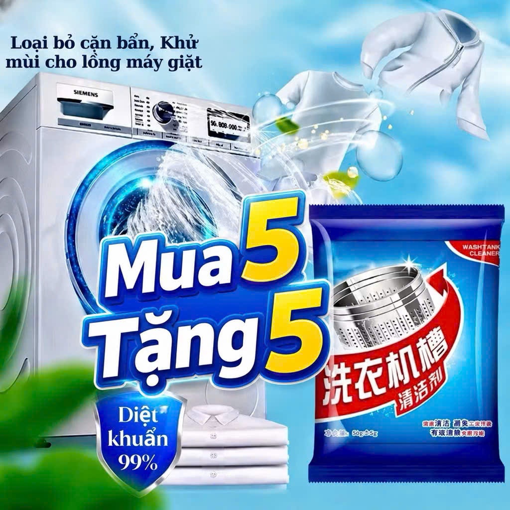 [Mua 5 tặng 5] Combo 10 Túi Bột Tẩy Lồng Máy Giặt, Vệ Sinh Máy Giặt Hiệu Quả Tiện Lợi