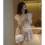 Đầm voan tơ tiểu thư dáng suông ngắn xoè phối bèo nơ cao cấp , Váy thiết kế tay cánh tiên bồng bềnh nhún tầng sang chảnh
