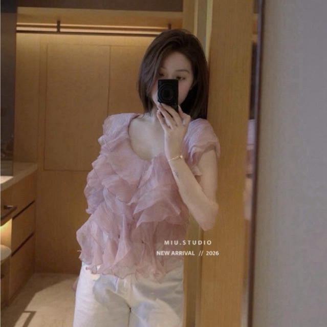 Áo voan tơ trễ vai cổ V phối bèo nhún tầng bồng bềnh sang chảnh, Áo kiểu nữ thiết kế dáng croptop 2 màu mix đồ cực xinh