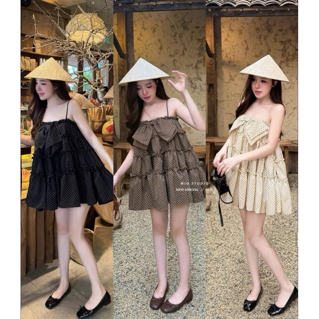 MIU.STUDIO• Váy 2 dây châm bi dáng babydoll xoè tầng phối nơ sang chảnh ,Đầm nữ bánh bèo dáng rộng phối bèo tầng cao cấp