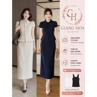VT260517 - Set Áo Cổ Sen Tay Bồng Phối Chân Váy Dài Nữ Công Sở Cao Cấp Thanh Lịch Tôn Dáng