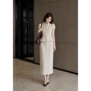 VT260517 - Set Áo Cổ Sen Tay Bồng Phối Chân Váy Dài Nữ Công Sở Cao Cấp Thanh Lịch Tôn Dáng