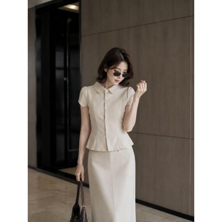VT260517 - Set Áo Cổ Sen Tay Bồng Phối Chân Váy Dài Nữ Công Sở Cao Cấp Thanh Lịch Tôn Dáng