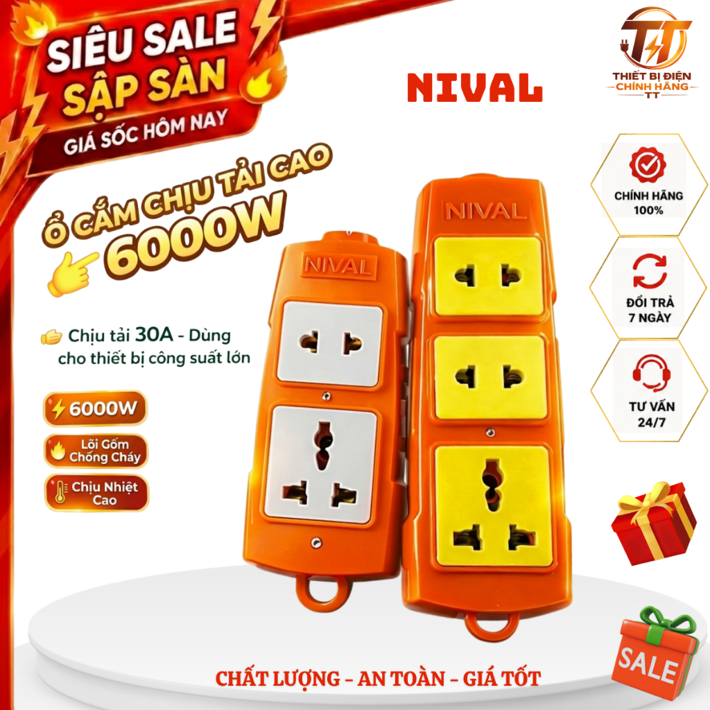 Ổ cắm điện, ổ cắm đa năng Nival 6000W 2 lỗ 3 lỗ chịu tải cao chống cháy chống vỡ
