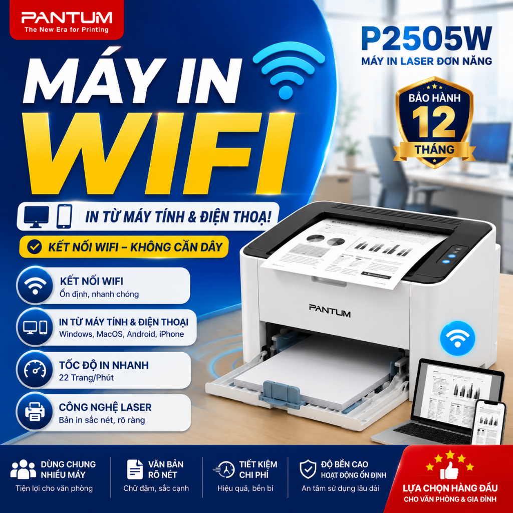 Máy in laser WiFi Pantum P2505W chính hãng - In từ máy tính&điện thoại - Máy in không dây văn phòng
