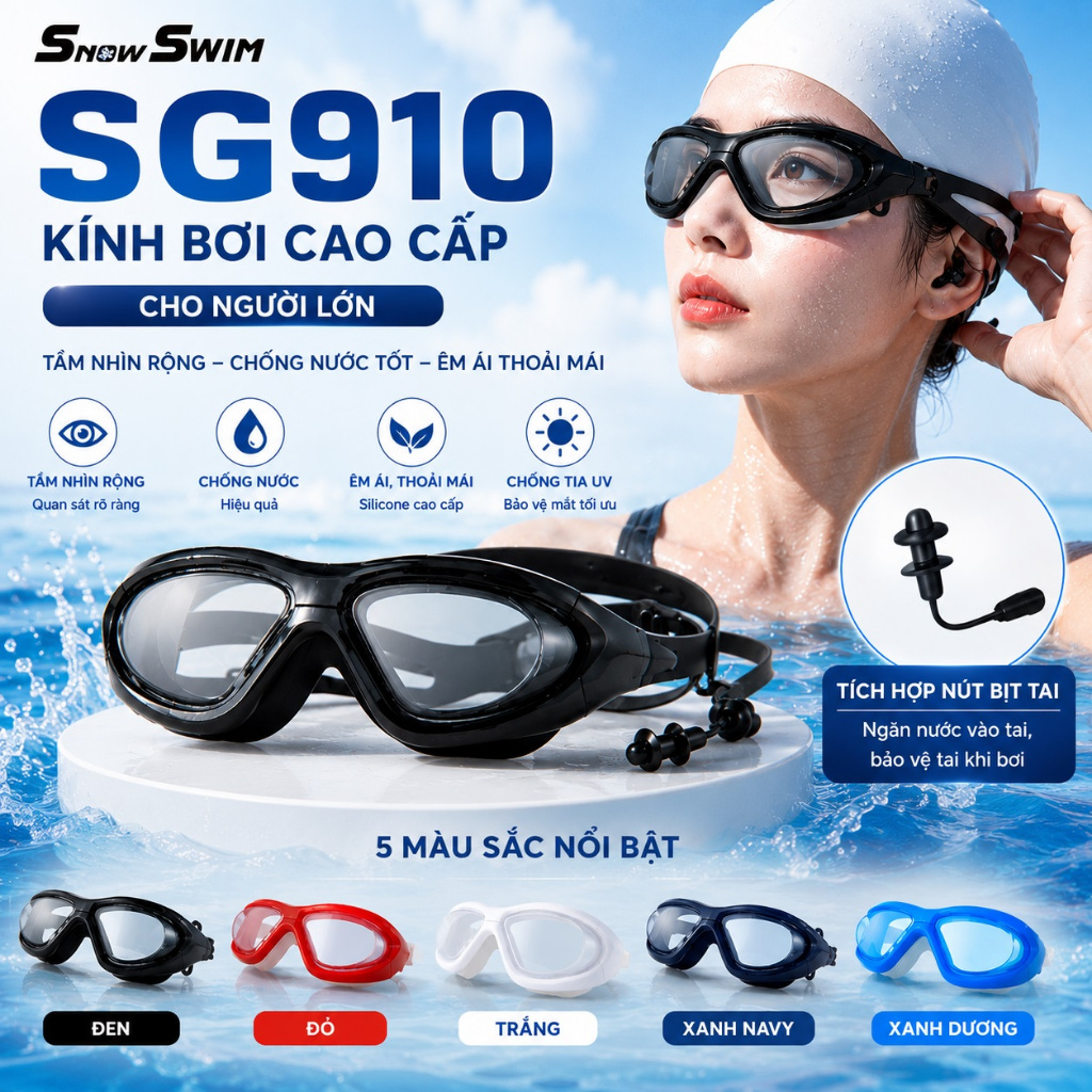 Kính Bơi Snow Swim SG910 Cao Cấp Cho Người Lớn | Chống Nước Chống Mờ Chống UV Tốt | Tích Hợp Nút Bịt Tai