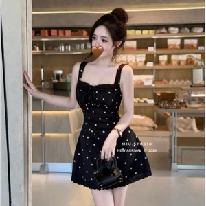 MIU.STUDIO • Váy 2 dây chấm bi phối viền ren đính nơ sang chảnh , Đầm nữ dáng xoè tiểu thư chiết eo tôn dáng