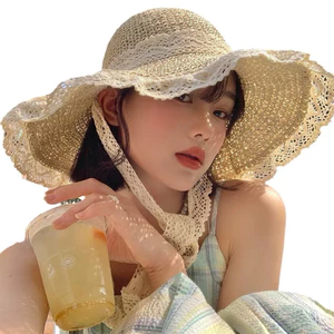 Mũ Cói Ren Đi Biển Nữ Cao Cấp, Mũ Vành Rộng Chống Nắng Phong Cách Hàn Quốc