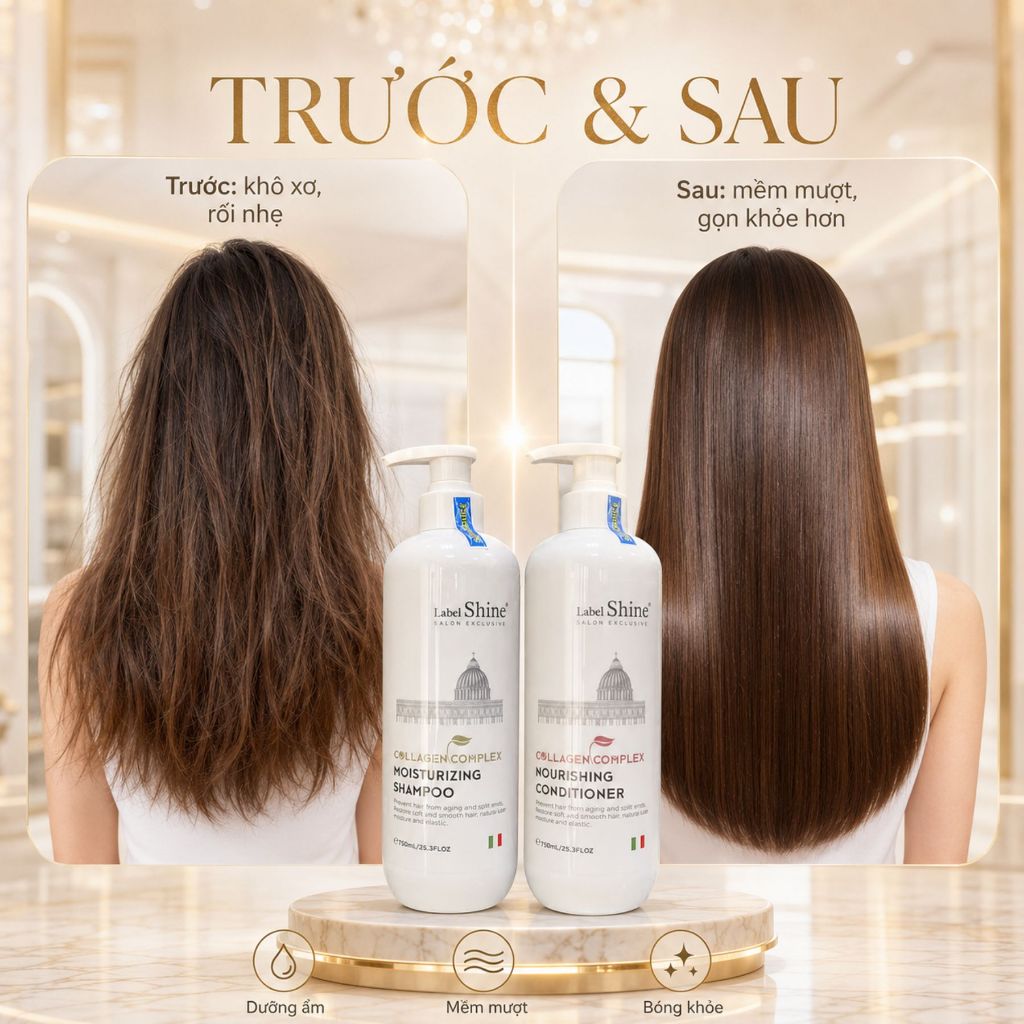 Dầu Gội Xả Label Shine Collagen Complex 750ml x 2 | Sạch Thoáng Da Đầu, Tóc Mềm Mượt & Bóng Khỏe