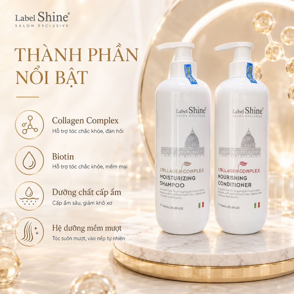 Dầu Gội Xả Label Shine Collagen Complex 750ml x 2 | Sạch Thoáng Da Đầu, Tóc Mềm Mượt & Bóng Khỏe