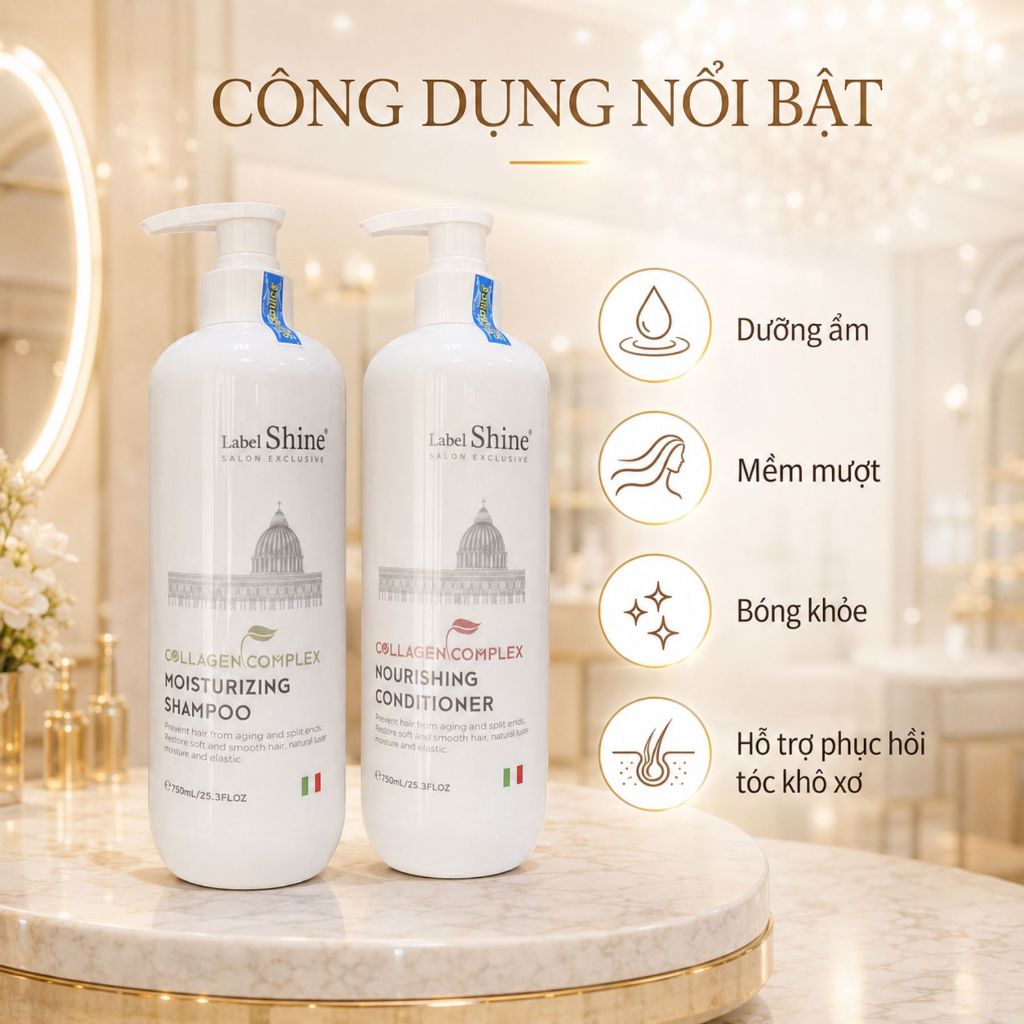 Dầu Gội Xả Label Shine Collagen Complex 750ml x 2 | Sạch Thoáng Da Đầu, Tóc Mềm Mượt & Bóng Khỏe