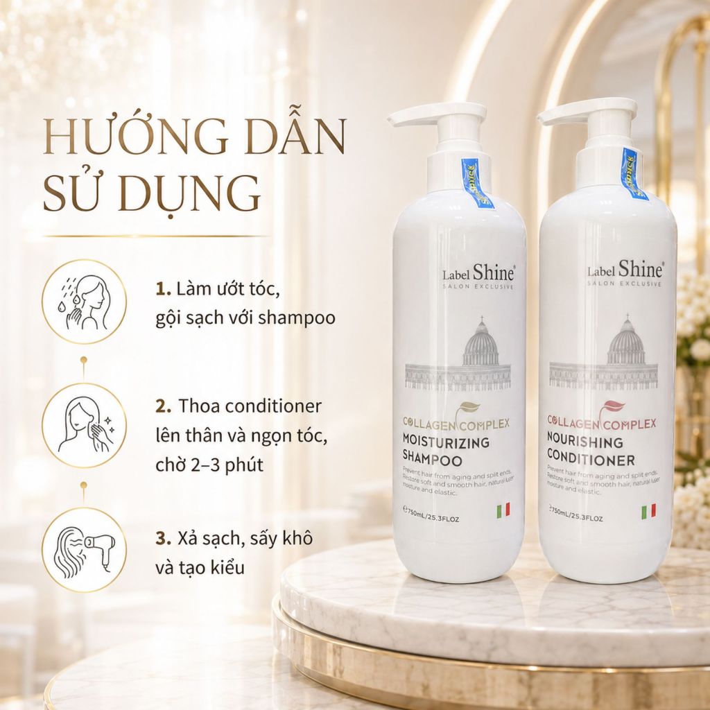 Dầu Gội Xả Label Shine Collagen Complex 750ml x 2 | Sạch Thoáng Da Đầu, Tóc Mềm Mượt & Bóng Khỏe