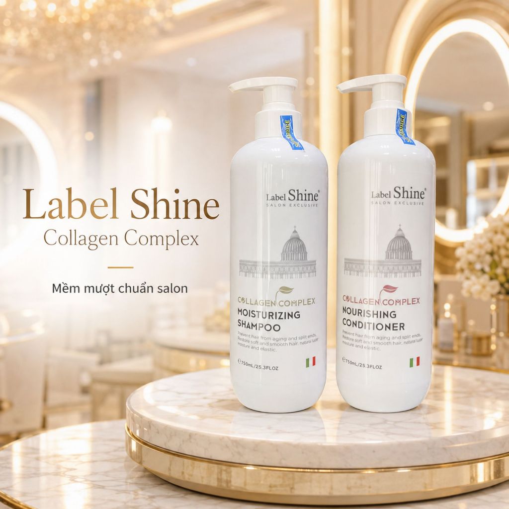 Dầu Gội Xả Label Shine Collagen Complex 750ml x 2 | Sạch Thoáng Da Đầu, Tóc Mềm Mượt & Bóng Khỏe