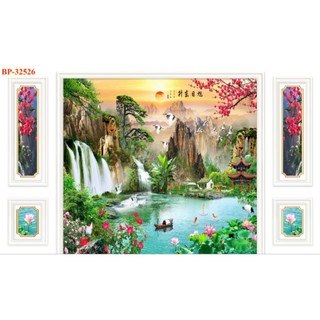 Tranh giả phào chỉ dán tường phù hợp trang trí phòng khách nhà hàng, tranh 3D in trên chất liệu vải lụa (tặng keo dán)