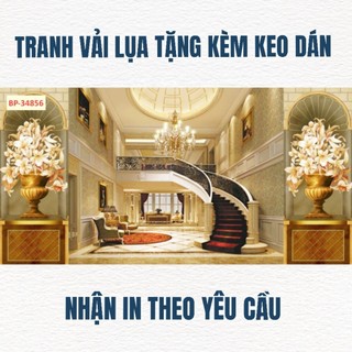 Tranh giả phào chỉ dán tường phù hợp trang trí phòng khách nhà hàng, tranh 3D in trên chất liệu vải lụa (tặng keo dán)
