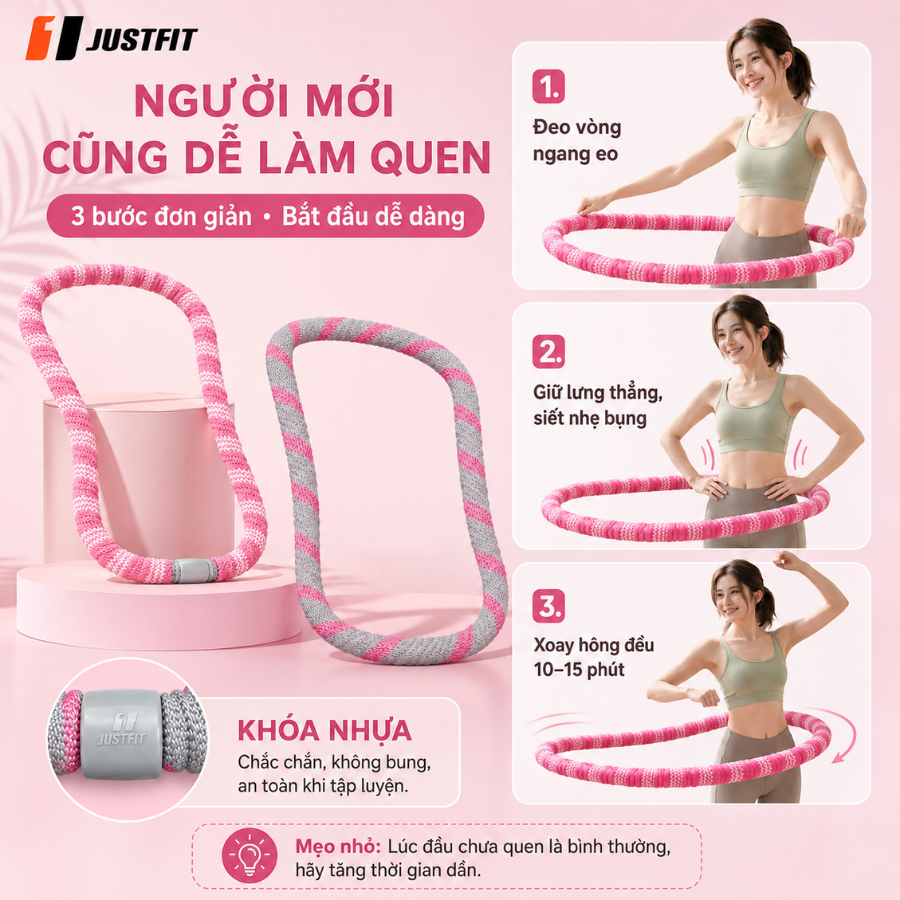 Vòng lắc eo lò xo JUSTFIT bọc nhựa mềm giảm mỡ nhanh, eo thon săn chắc tập tại nhà tiện lợi