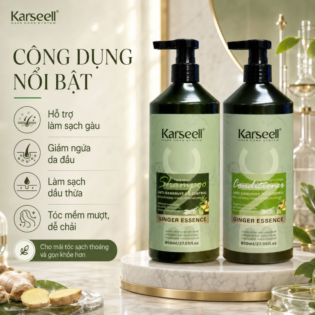 Cặp Dầu Gội Xả Gừng Karseell BNC 800ml | Sạch Thoáng Da Đầu, Tóc Mềm Mượt & Bóng Khỏe