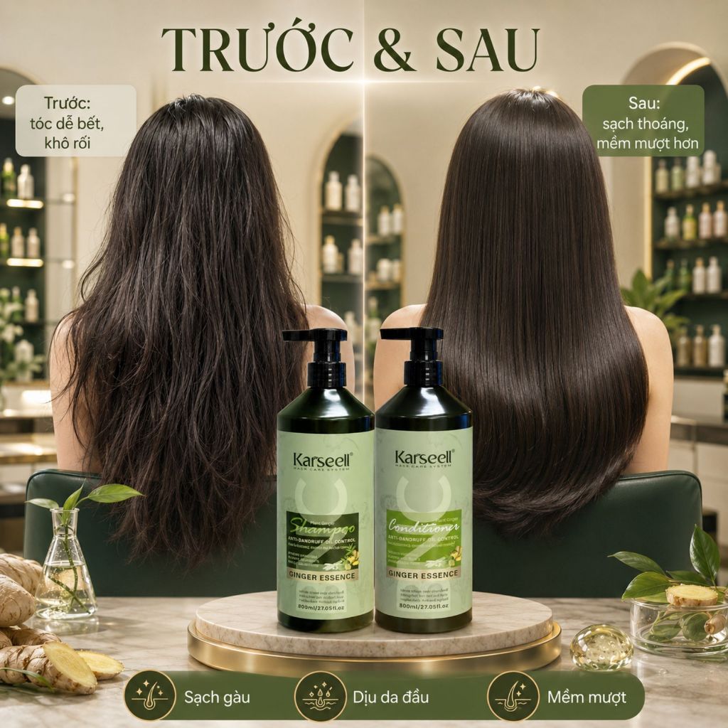 Cặp Dầu Gội Xả Gừng Karseell BNC 800ml | Sạch Thoáng Da Đầu, Tóc Mềm Mượt & Bóng Khỏe