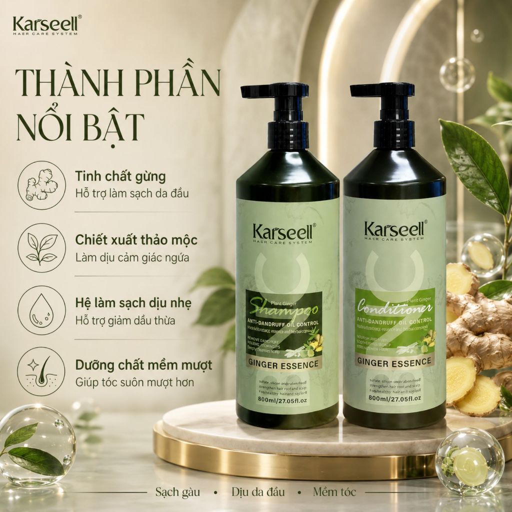 Cặp Dầu Gội Xả Gừng Karseell BNC 800ml | Sạch Thoáng Da Đầu, Tóc Mềm Mượt & Bóng Khỏe